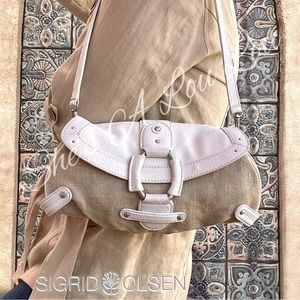 Sigrid Olsen Small White Leather & Beige Linen Shoulder Bag